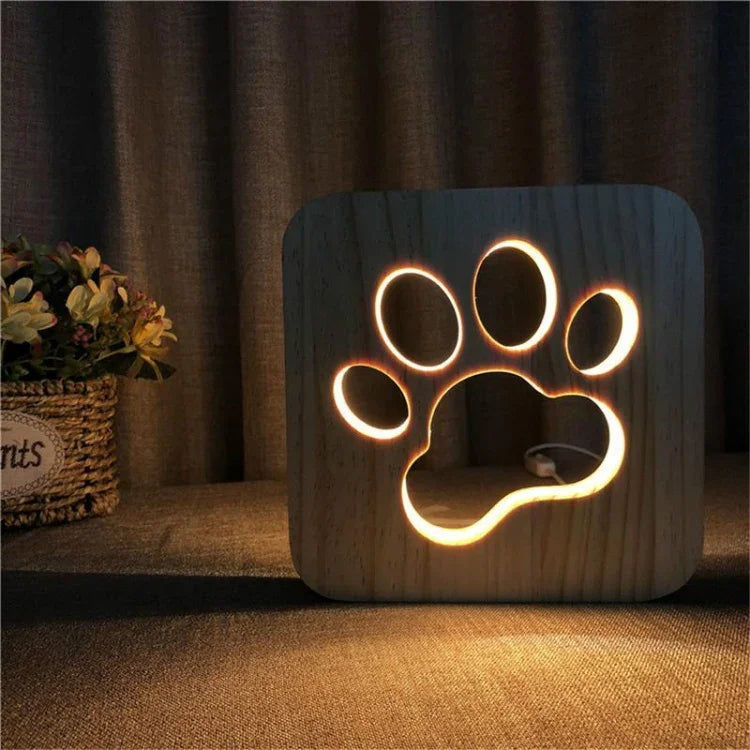 クリエイティブ形状 木製ナイトランプ 寝室装飾 暖色LED, 骨, 猫の足跡, 犬, オオカミ