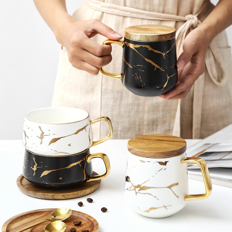 マーブルマットゴールドシリーズ セラミックティーカップ コーヒーマグ 木製蓋またはトレイ付き