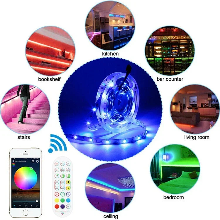 Bluetooth対応スマートミュージック音声制御ライトストリップ 非防水 5050 RGB カラフル雰囲気LEDライトストリップ 24キーリモコン付き、5M 150LED、5M 300LED、10M 300LED、10M 600LED、15M 450LED、15M 270LED、20M 360LED、30M 540LED