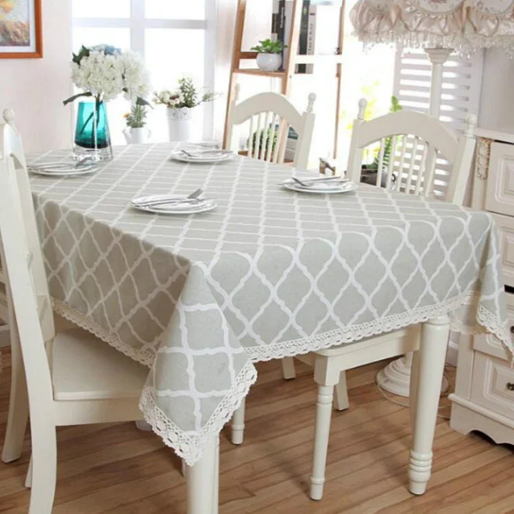 コットンと幾何学的菱形グレー レーステーブルクロス、60x60cm、70x70cm、90x90cm、100x140cm、120x120cm、140x140cm、90x150cm、140x160cm、120x160cm、140x180cm、130x180cm、140x200cm、140x220cm、140x250cm