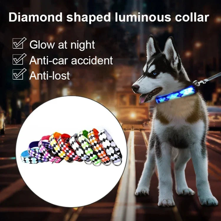 チェック柄充電式LED発光リード小型・中型犬用ペット犬用首輪、L、XL