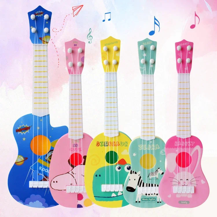 小型シミュレーション楽器 ミニ四弦演奏可能ウクレレ 幼児教育用音楽おもちゃ、ピンクラビット、ライトブルーゼブラ、ピンクキリン、イエローダイナソー