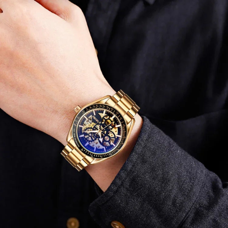 SKMEI 9194 Men Automatic Skeleton Mechanical Steel Band Watch, Black, Silver, Golden Black Face, Rose Gold, Golden Gold Face