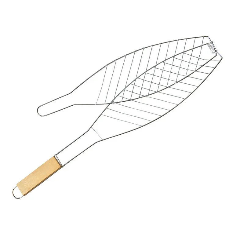 クロムメッキ木製ハンドル シングルフィッシュバーベキューネットクリップ 屋外焼き魚クリップ バーベキューツール