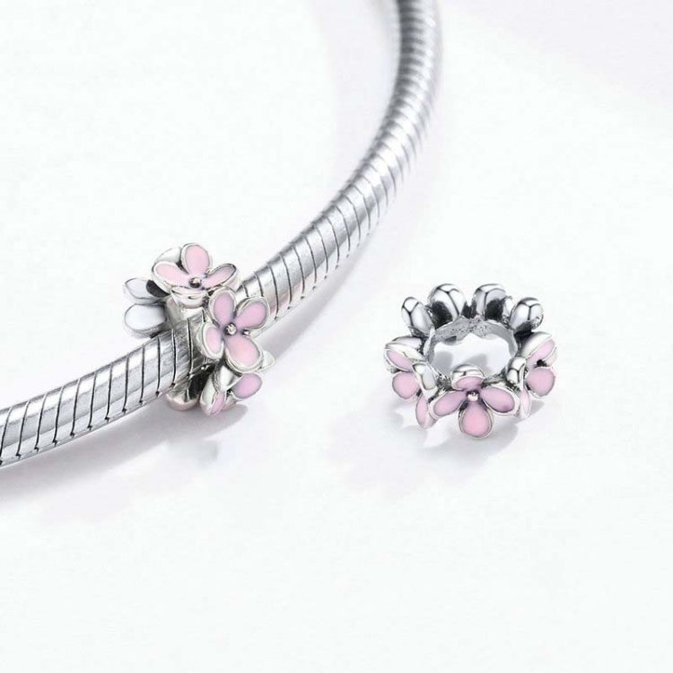 925スターリングシルバー ピンクエナメル フラワーチャーム 女性用ブレスレット DIYジュエリービーズ, SCC1484