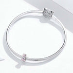 925スターリングシルバー ピンクエナメル フラワーチャーム 女性用ブレスレット DIYジュエリービーズ, SCC1484