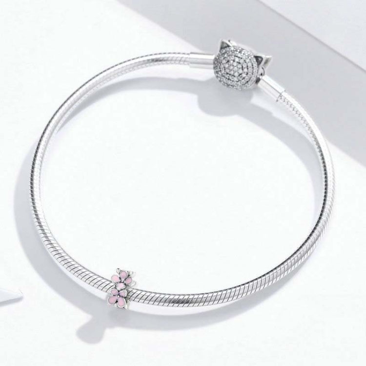 925スターリングシルバー ピンクエナメル フラワーチャーム 女性用ブレスレット DIYジュエリービーズ, SCC1484