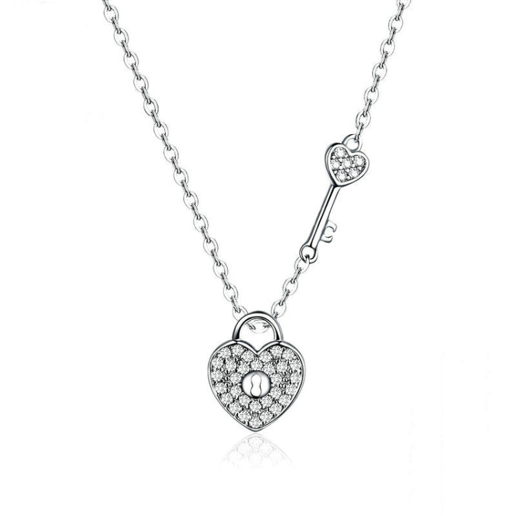 S925 Sterling Silver Platinum Plated Heart Lock Necklace Girls White Inlaid Zircon Key Jewelry, SCN315