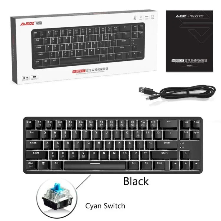 Ajazz K680T ミニUSB有線デュアルモード充電式 68キー ノートパソコンBluetoothメカニカルキーボード、ケーブル長さ：1.6m、グリーン軸、ブラック軸、ティー軸