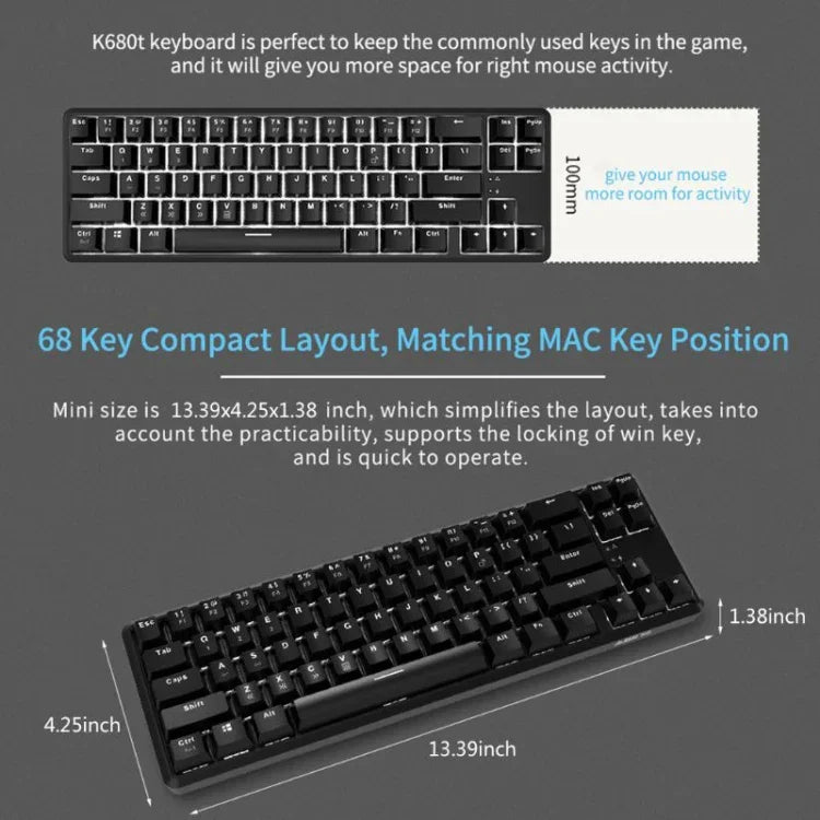 Ajazz K680T ミニUSB有線デュアルモード充電式 68キー ノートパソコンBluetoothメカニカルキーボード、ケーブル長さ：1.6m、グリーン軸、ブラック軸、ティー軸