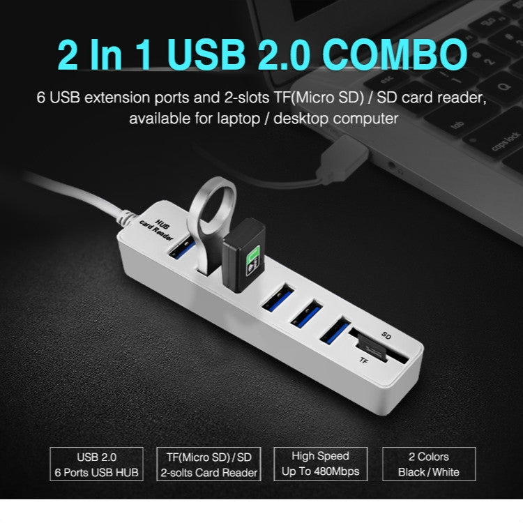 マルチUSB 2.0ハブ USBスプリッター高速6ポート TF SDカードリーダー付き