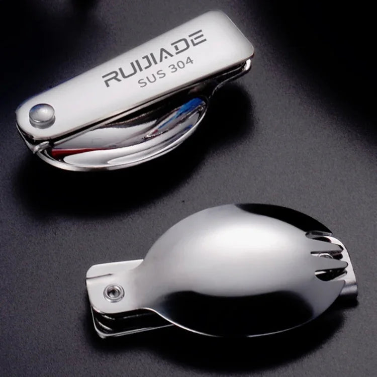 2個セット ステンレス製折りたたみフォークスプーン 一体型二重用途ピクニック用携帯食器、ランダムカラー配送、スプーン、フォーク