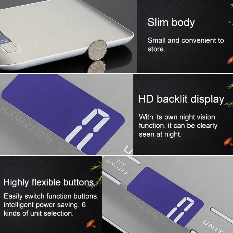 Digital Multi-function Stainless Steel Food Kitchen Scale with LCD Display, 5kg/1g, Rose Gold, 5kg/1g, Silver