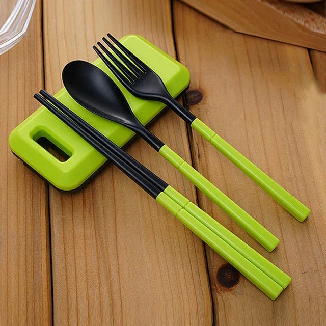 3in1 ABS折りたたみ食器セット フォーク箸付き収納ボックス付き アウトドアキャンプハイキング旅行用食器セット