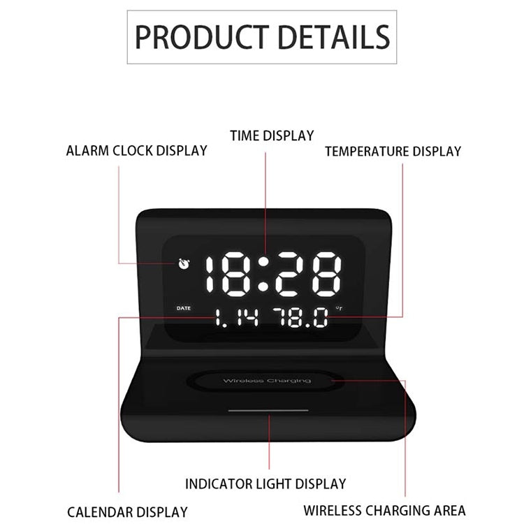 10W QI ユニバーサル多機能モバイルフォン ワイヤレス充電器 アラームクロック＆時間／カレンダー／温度表示付き、RT1 10W（ブラック）