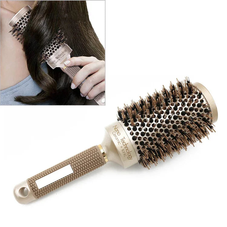 セラミックアルミニウム製ヘアコーム 丸型ブラシ ナイロン毛 プロ用理容師スタイリングヘアブラシ