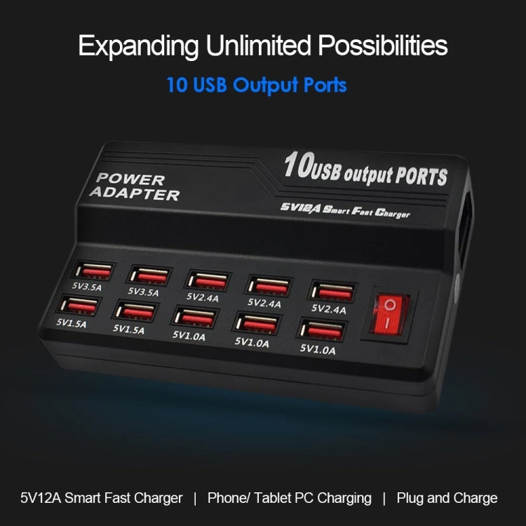 100-240V USBインターフェース スマート高速充電 デジタル電子充電器 多機能充電器、USプラグ、10ポート、12ポート