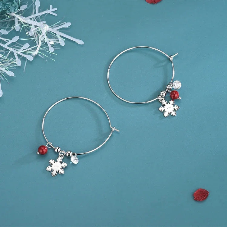 S925スターリングシルバー きらめくダイヤモンド 赤いボール 雪の結晶イヤリング クリスマスイヤリング