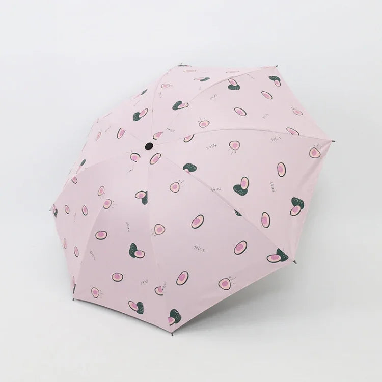 小さくて爽やかな日傘 女性用 学生用ビニール三つ折りシンプル雨晴兼用日傘 アボカドグリーン、アボカドホワイト、アボカドピンク、ストロベリーホワイト、ストロベリーピンク、ピーチホワイト、ピーチピンク