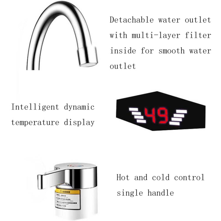 ダイナミックデジタル表示 即熱電気温水蛇口 キッチン＆家庭用温水冷水ヒーター EUプラグ、シャワーヘッド付き、大型エルボー、ユニバーサルチューブ