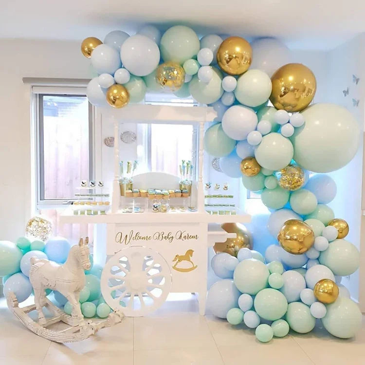 マカロン緑と青のバルーンチェーンパッケージ 誕生日結婚式パーティー背景壁装飾バルーンセット、マカロン装飾バルーンセット