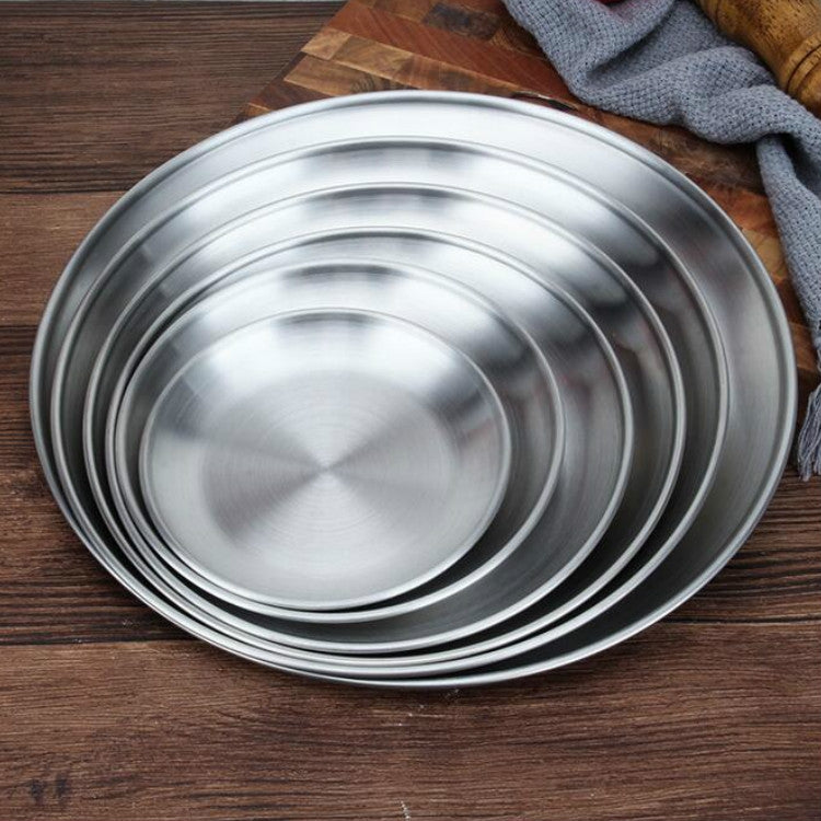 ステンレス厚手丸皿 カフェトレイ フルーツケーキ皿 骨皿 浅皿 14cm ブラッシュドマットシルバー、17cm ブラッシュドマットシルバー、20cm ブラッシュドマットシルバー、23cm ブラッシュドマットシルバー、26cm ブラッシュドマットシルバー