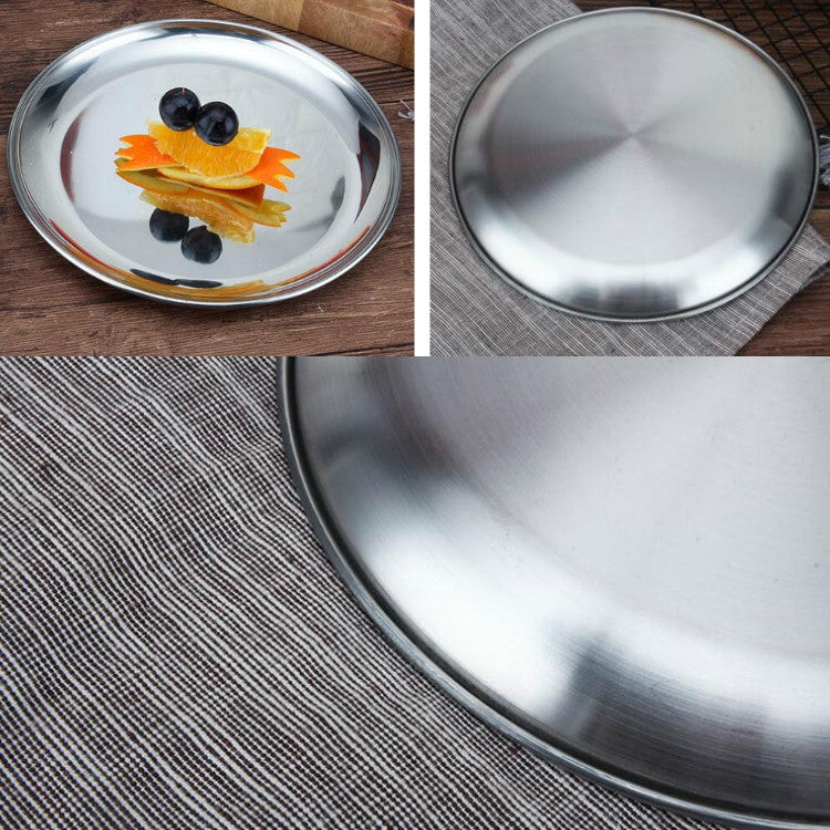 ステンレス厚手丸皿 カフェトレイ フルーツケーキ皿 骨皿 浅皿 14cm ブラッシュドマットシルバー、17cm ブラッシュドマットシルバー、20cm ブラッシュドマットシルバー、23cm ブラッシュドマットシルバー、26cm ブラッシュドマットシルバー