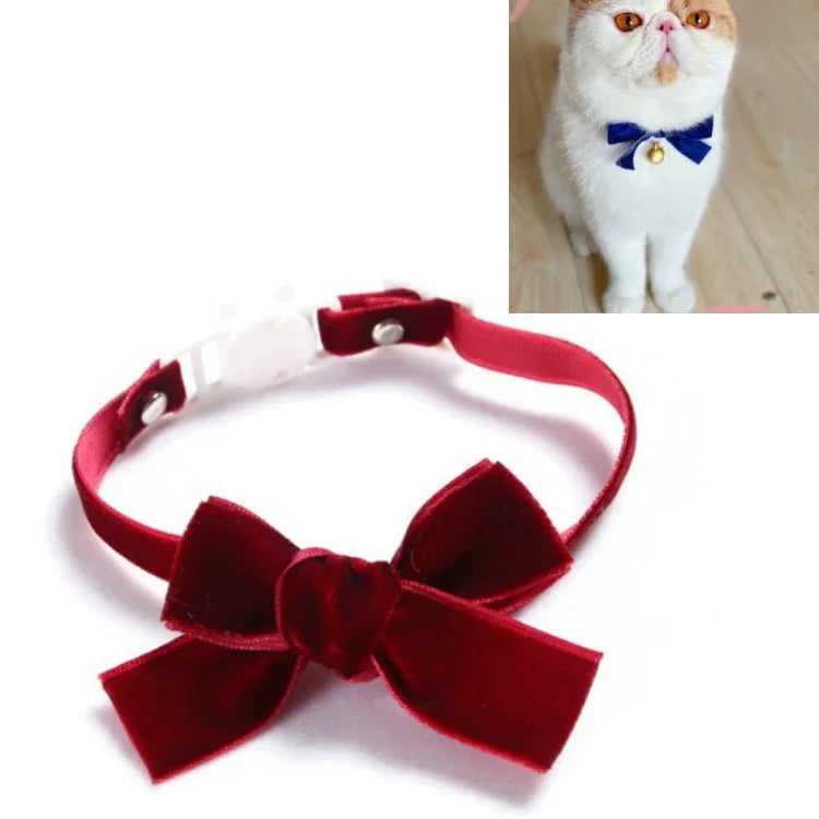 ベルベットリボン調節可能ペット用首輪 猫犬ウサギ用蝶ネクタイアクセサリー, S 17-30cm リボン、S 17-30cm リボン＋ベル付き