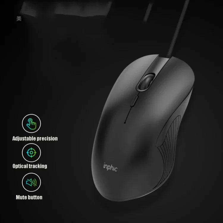 Inphic PB1 ビジネスオフィスミュートマクロ定義ゲーミング有線マウス、ケーブル長：1.5m、クラシックバックブリージングライト、マットホワイトブリージングライト