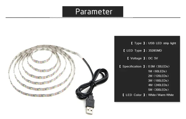 USB電源 SMD 2835 エポキシ LEDストリップライト クリスマスデスク装飾ランプ TV背景照明用、1m、5m
