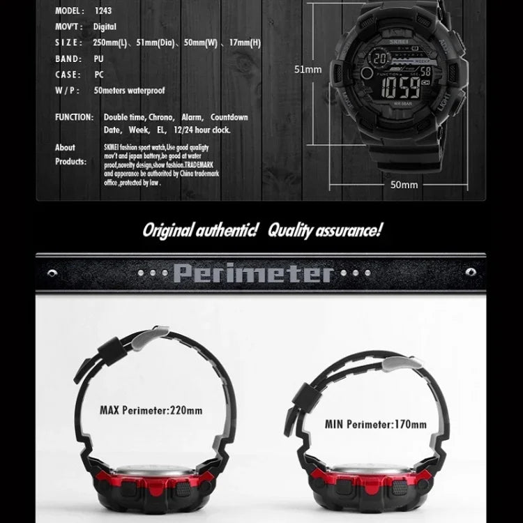 SKMEI 1243 Men Sports Watch Outdoor Waterproof Digital Watch, Red, Black, Golden