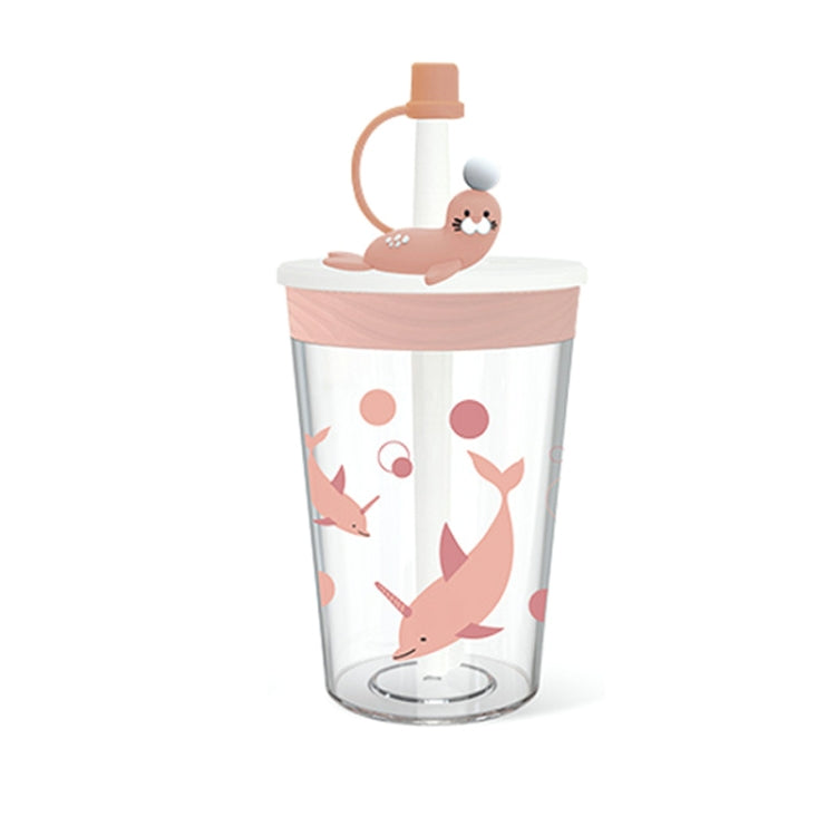 子供用カートゥーン海洋動物ストロー飲みカップ 安全で環境に優しいプラスチック飲みカップ ネイビーブルー、ライトブルー、ピンク、ライトグレー