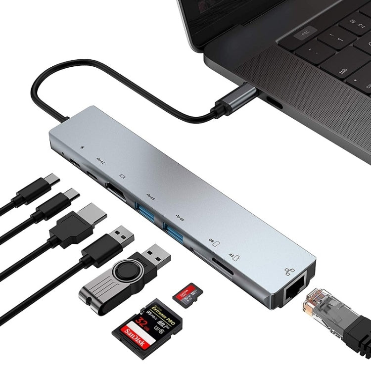 WC7367 8-in-1 87W Type-C to PD+USB3.0/USB2.0+SD+TF+HDMI+RJ45+Type-C ドッキングステーションハブ、WC7367