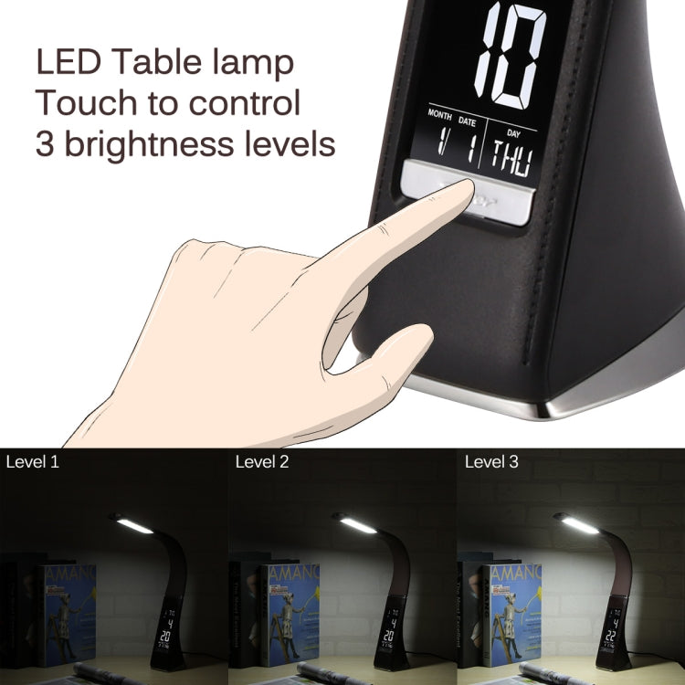 U2 5W 3段階調光LEDレザー調デスクランプ温度/時計/カレンダー表示付き、ブラック