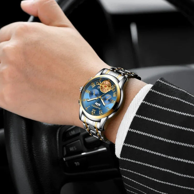 FNGEEN 4001 Men Non-Mechanical Watch Multi-Function Quartz Watch, Black Steel White Surface Gold Nails, Brown Leather Gold Black Surface