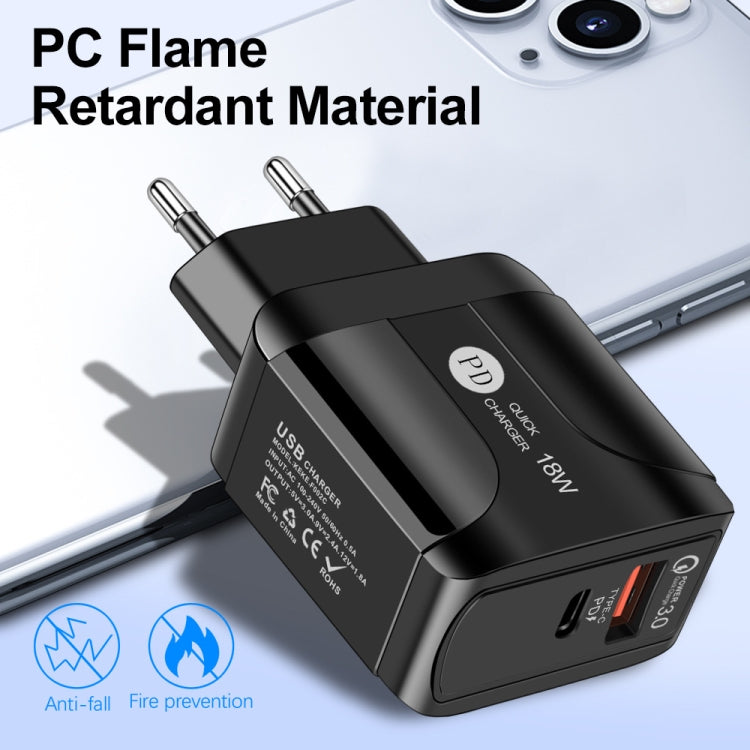 18W PD + QC 3.0 急速充電トラベルチャージャー 電源アダプター LED表示機能付き、EUプラグ ブラック、USプラグ ブラック、UKプラグ ブラック、EUプラグ ホワイト、USプラグ ホワイト、UKプラグ ホワイト