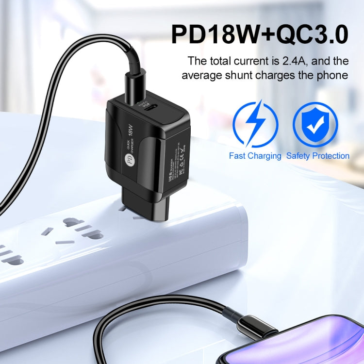18W PD + QC 3.0 急速充電トラベルチャージャー 電源アダプター LED表示機能付き、EUプラグ ブラック、USプラグ ブラック、UKプラグ ブラック、EUプラグ ホワイト、USプラグ ホワイト、UKプラグ ホワイト