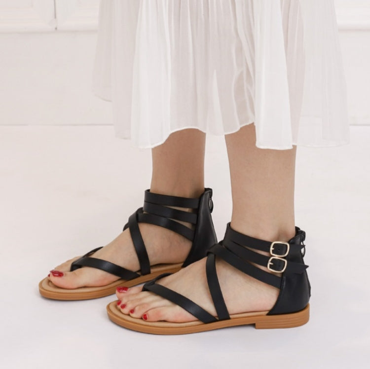 レディース夏用ストラップクロスサンダル ローマ風 低ヒール レトロシューズ、36、37、38、39、40、41、42