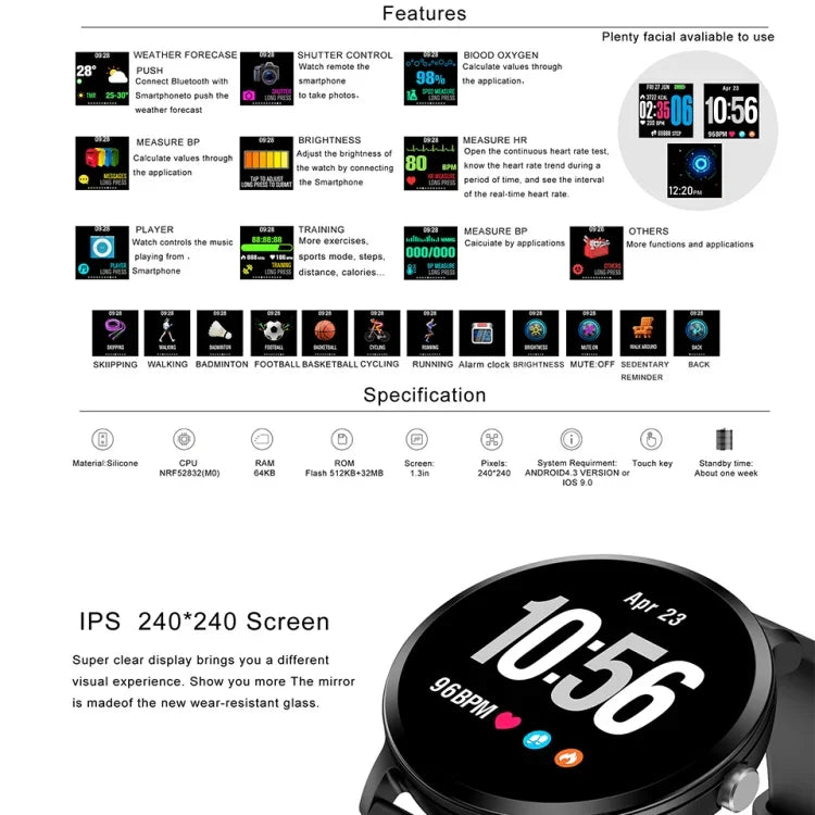 V11 スマートウォッチ リアルタイム心拍数 血圧モニター マルチスポーツモード 呼吸ライト スマートウォッチ Android iOS対応