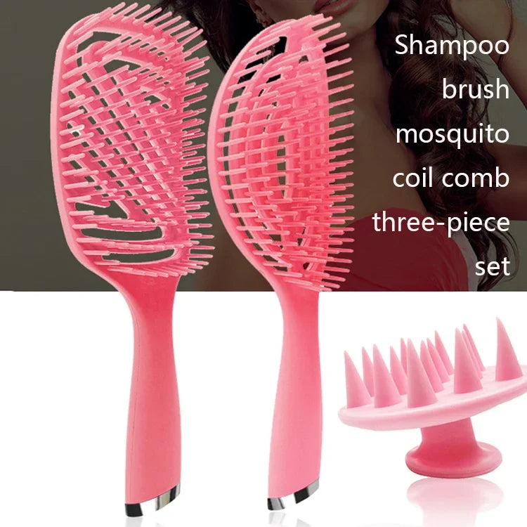 3-in-1 プラスチックカーリーヘアサロンコームセット 中空マッサージ蚊取りコーム、3-in-1 ピンク、3-in-1 グリーン、3-in-1 ブラック、3-in-1 ブルー