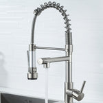 銅とニッケルのブラッシュ仕上げ二口スプリング蛇口 回転式キッチン用温冷水蛇口、ブラッシュシルバー