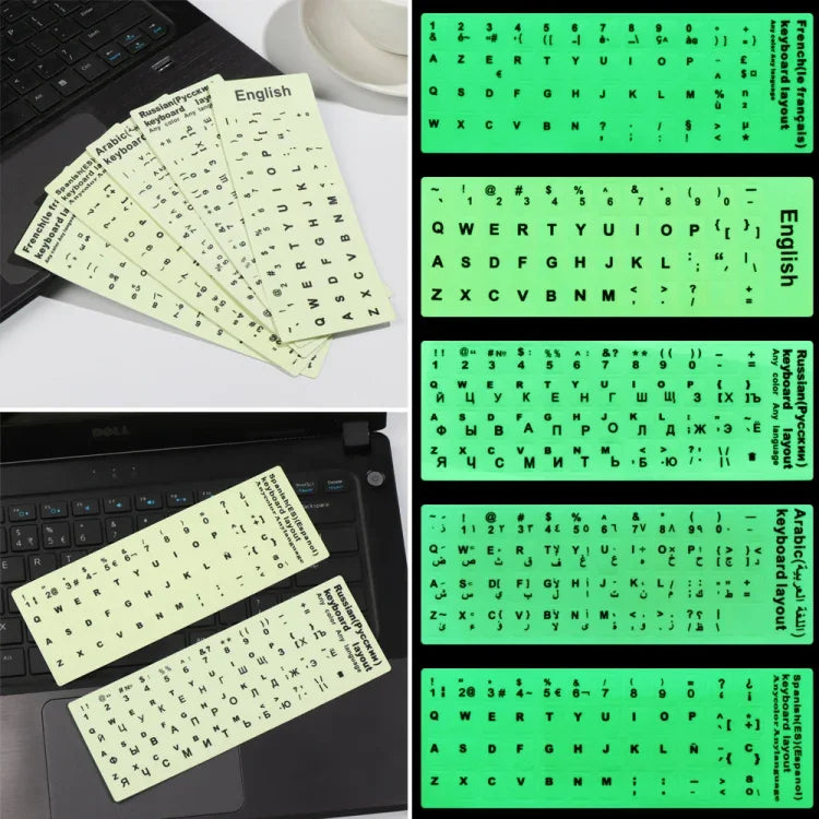 3枚セット 発光キーボードステッカー ノートパソコンデスクトップコンピュータキーボードステッカー、英語アラビア語、ロシア語黒文字、英語、イタリア語、ドイツ語、スペイン語、日本語、フランス語、韓国語、ヘブライ語、タイ語