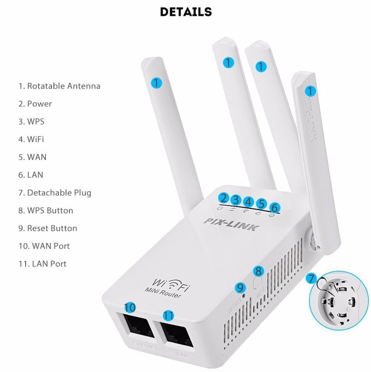 PIX-LINK LV-WR09 300Mbps WiFiレンジエクステンダーリピーターミニルーター、米国プラグ、EUプラグ、英国プラグ、オーストラリアプラグ