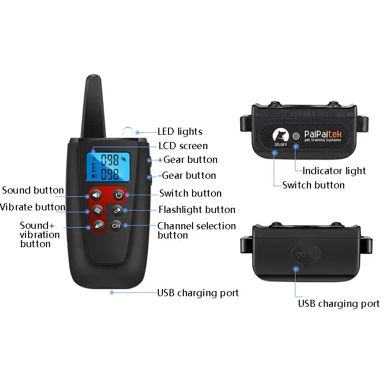PaiPaitek PD526V-2 1イン2 100段階音声振動リモートコントロール トレーニング犬用デバイス 吠え防止デバイス 電子リモートコントロール首輪、PD526V-2