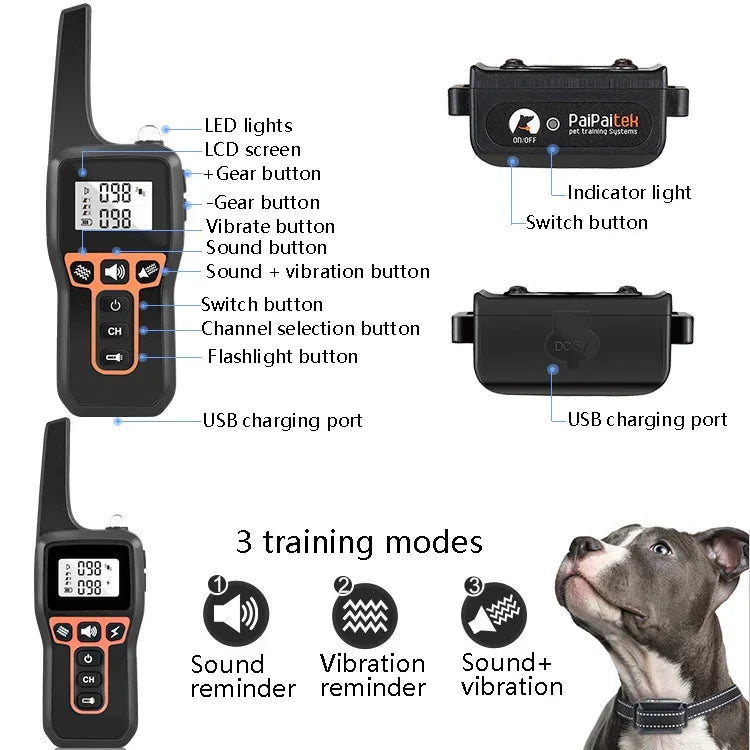 PaiPaitek PD529V-1 トレーニング犬用 吠え防止デバイス 振動首輪 1000Mリモートコントロール距離 ペットトレーニング用品、PD529V-1
