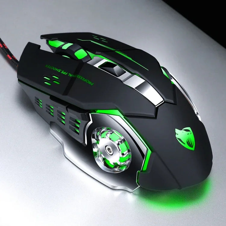 T-WOLF V6 USBインターフェース 6ボタン 3200 DPI 有線マウス ゲーミングメカニカルマクロプログラミング 7色発光ゲーミングマウス、ケーブル長：1.5m、マクロ定義オーディオバージョンブラックシルバー、マクロ定義オーディオバージョンアイアングレー