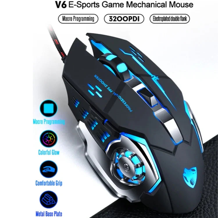 T-WOLF V6 USBインターフェース 6ボタン 3200 DPI 有線マウス ゲーミングメカニカルマクロプログラミング 7色発光ゲーミングマウス、ケーブル長：1.5m、マクロ定義オーディオバージョンブラックシルバー、マクロ定義オーディオバージョンアイアングレー