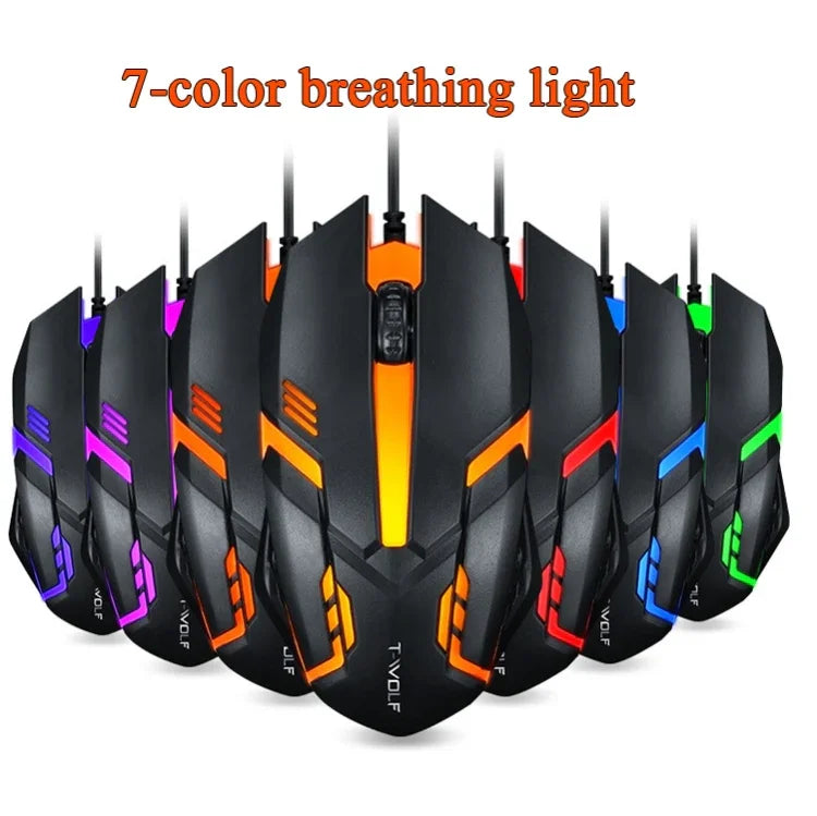2個セット T-WOLF V1 USBインターフェース 3ボタン 1200 DPI 有線マウス 7色バックライトゲーミングマウス ケーブル長さ: 1.35m