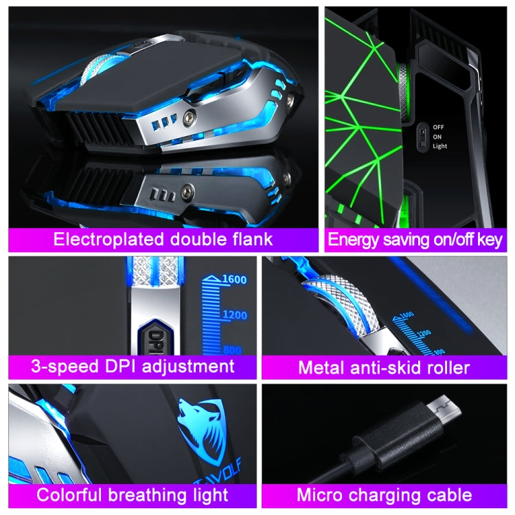 T-WOLF Q15 6ボタン 1600 DPI ワイヤレス充電式ミュートオフィスゲーミングマウス 7色ブリージングライト付き、テクノロジーブラック、スターズブラック、パールホワイト