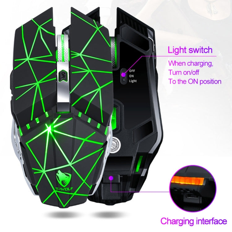T-WOLF Q15 6ボタン 1600 DPI ワイヤレス充電式ミュートオフィスゲーミングマウス 7色ブリージングライト付き、テクノロジーブラック、スターズブラック、パールホワイト
